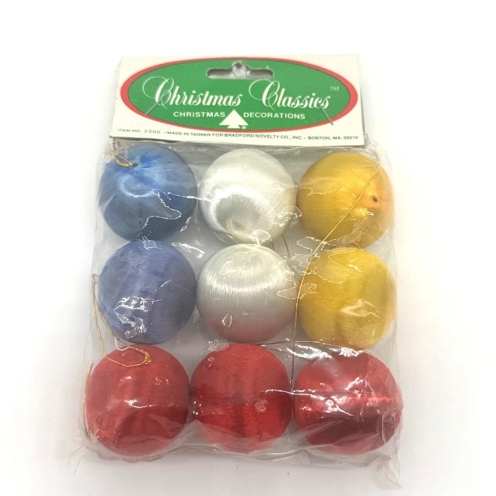 Vintage Bradford Christmas Classics Satin Silk Ball Ornaments Set of 9